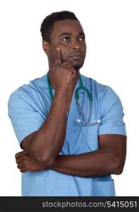 African american doctor with blue uniform thinking isolated on a over white background