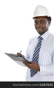 African american engineer a over white background