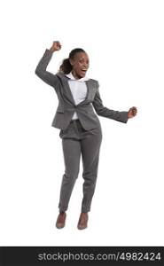 African American female executive with clenched fists celebrating success over white background