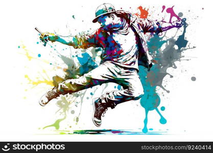 African American hip hop dancer performing on watercolor splash background. Neural network AI generated art. African American hip hop dancer performing on watercolor splash background. Neural network generated art