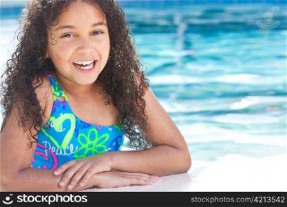 African American Interracial Girl Child In Swimming Pool