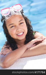 African American Interracial Girl Child In Swimming Pool with Goggles