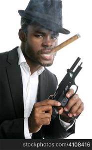 African american mafia man smoking cigar with handgun portrait