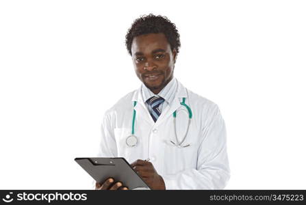 African american man doctor writing a over white background