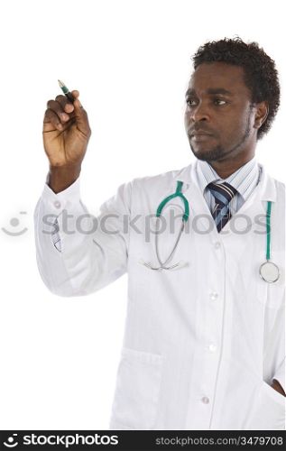 African american man doctor writing a over white background
