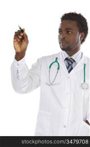 African american man doctor writing a over white background