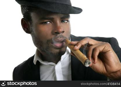 African american man smoking cigar portrait with black hat