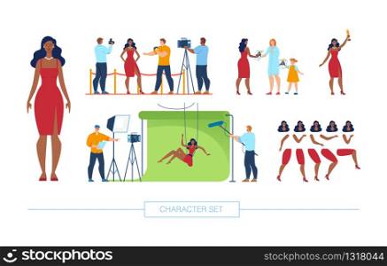 African-American Movie Actress Character Constructor Trendy Flat Elements. Famous Female Celebrity on Red Carpet, Giving Autographs, Filmed in Action Scene, Body Parts, Face Expressions Illustrations