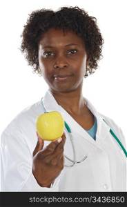 African american woman doctor and apple a over white background
