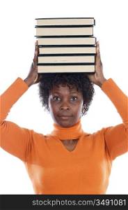 African american woman with books on her head