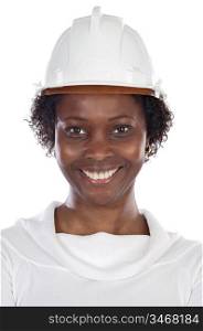 African american woman with helmet a over white background