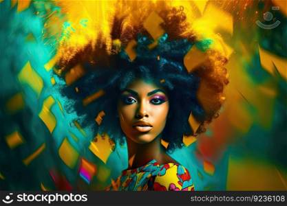 African American woman with voluminous afro hair in a pop art style with bold color contrasts of dark cyan and yellow. Perfect for graphic design projects by generative AI