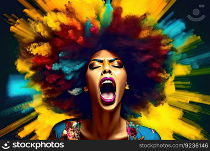 African American woman with voluminous afro hair in a pop art style with bold color contrasts of dark cyan and yellow. Perfect for graphic design projects by generative AI