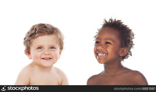 African and caucasian children laughing isolated on a white background