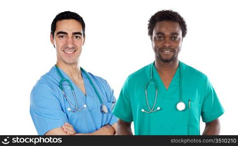 African and caucasian doctors a over white background