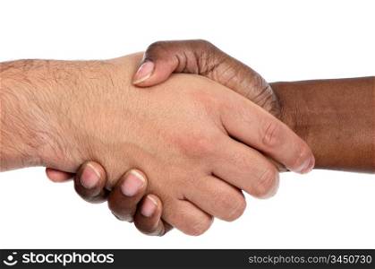 African and caucasian male shaking hands a over white background
