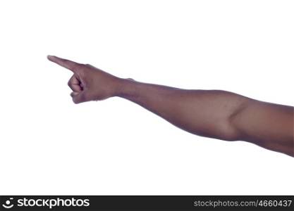 African arm pointing something with the finger isolated on a white background