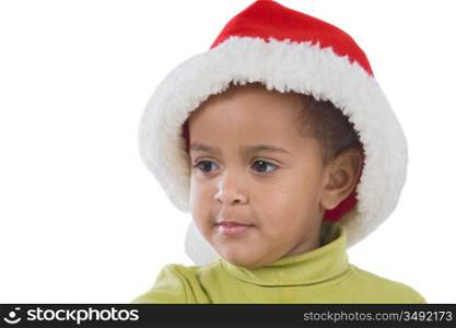African baby girl with red hat of Christmas on a over white background