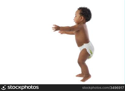 African baby with diaper learning to walk isolated over white