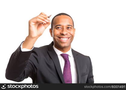 African business man drawing on whiteboard, isolated over white