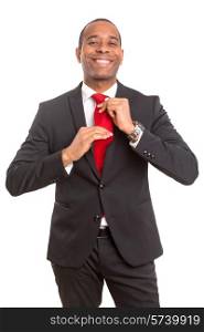 African business man fixing his tie, siolated over white