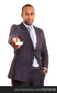 African business man offering greeting card, isolated over white