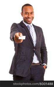 African business man offering greeting card, isolated over white