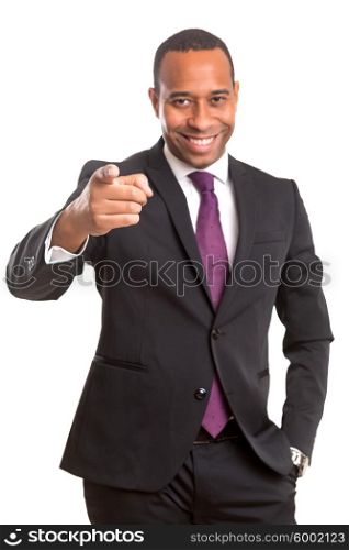 African business man poiting at you, isolated over white