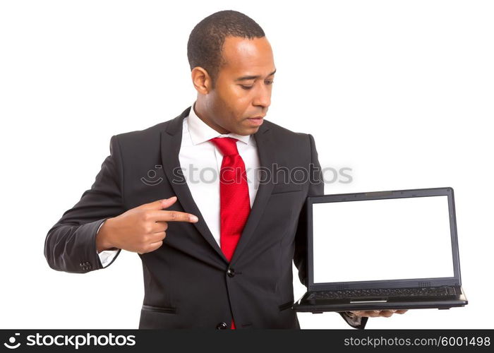 African business man presenting your product in a laptopcomputer