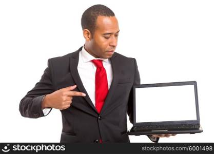 African business man presenting your product in a laptopcomputer