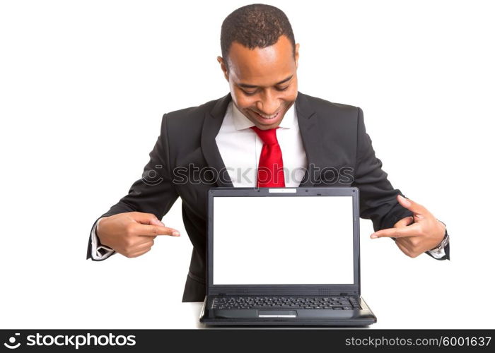 African business man presenting your product in a laptopcomputer