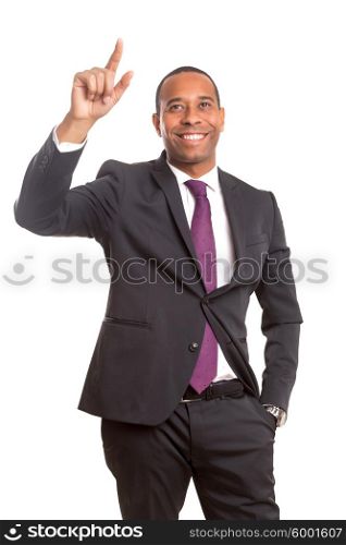 African business man pressing key, isolated over white