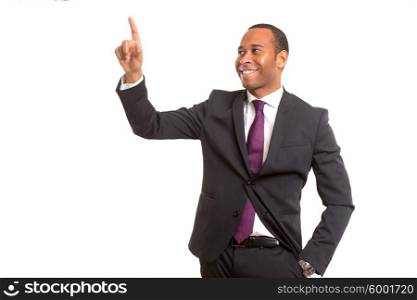 African business man pressing key, isolated over white