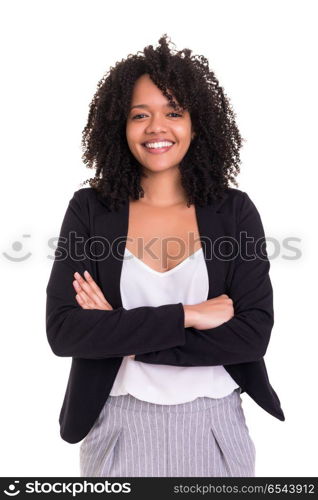 African business woman. Beautiful african business woman posing isolated over white background