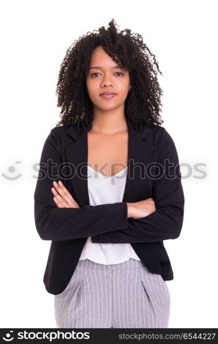 African business woman. Beautiful african business woman posing isolated over white background