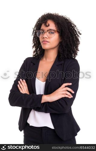 African business woman. Beautiful young african business woman posing isolated over white
