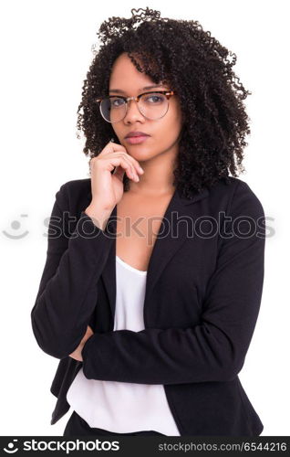 African business woman. Beautiful young african business woman posing isolated over white