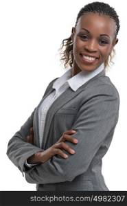 African business woman portrait. Crossed arms. Isolated