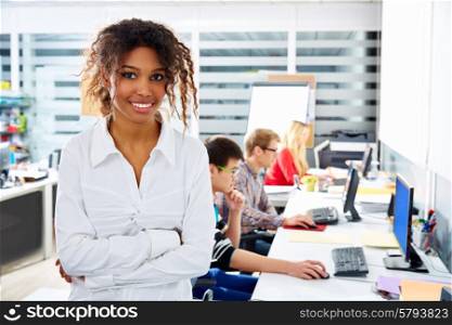 African businesswoman young in office with computer in a desk row