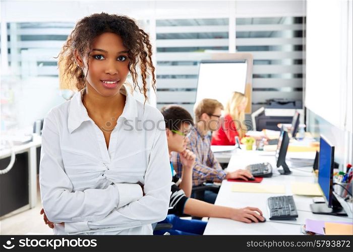 African businesswoman young in office with computer in a desk row