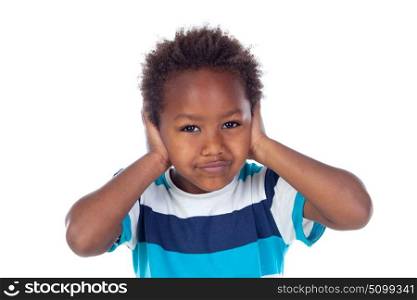 African child covering his ears isoalted on a white background