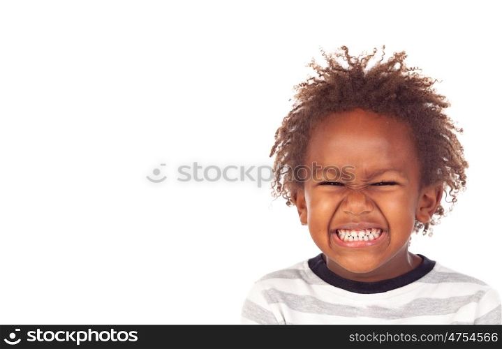African child making a forced smiling isolated on white background