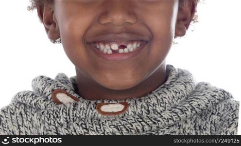 African child showing his new teeth isolated on a white background