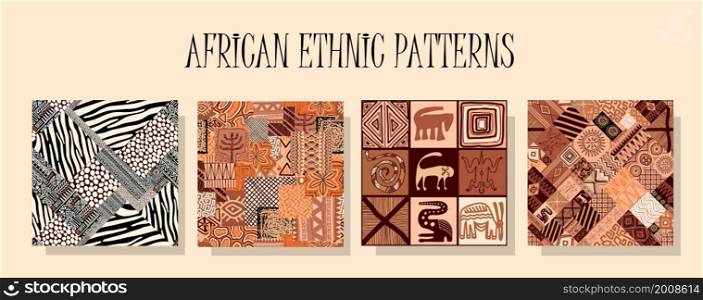 African ethnic pattern. A set of patterns in the same style. Traditional African ornament. Seamless design. Ecostyle.. African ethnic pattern. A set of patterns in the same style. Traditional African ornament. Seamless design. Ecostyle