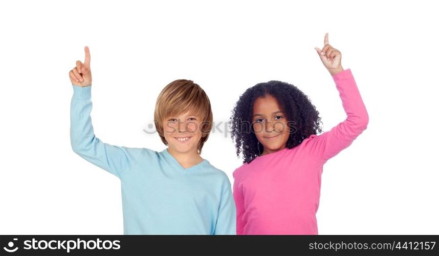 African girl and Caucasian boy asking to speak isolated on a white background