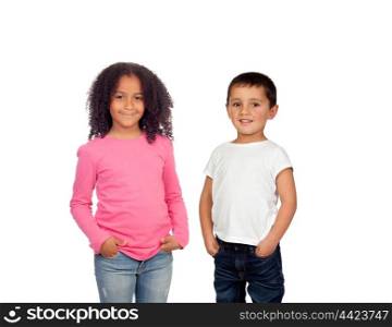 African girl and Caucasian boy isolated on a white background