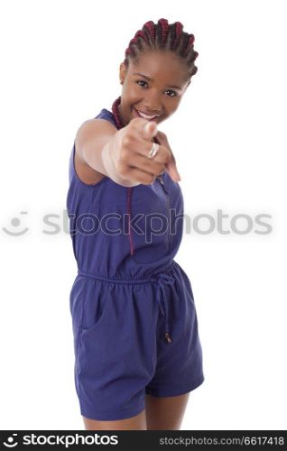 african girl pointing, isolated on white background