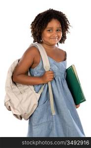 African girl student with folder and backpack on a white background