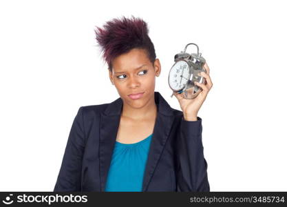 African girl with a big clock isolated on white background