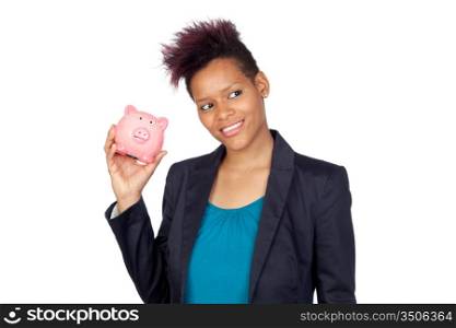 African girl with a moneybox isolated on white background